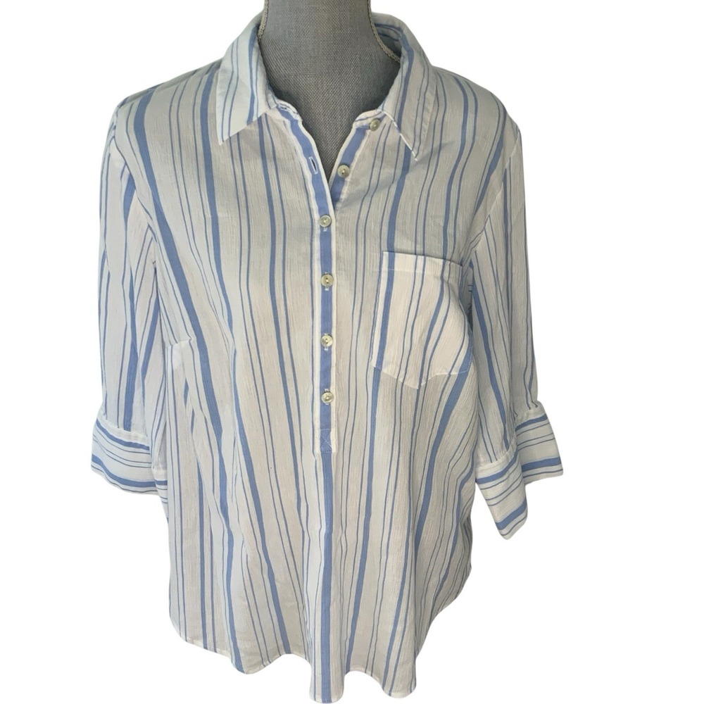 Talbots Woman Blue White Striped Textured 1/2 Button Up Shirt 1X‎ 3/4 Sleeve Top
